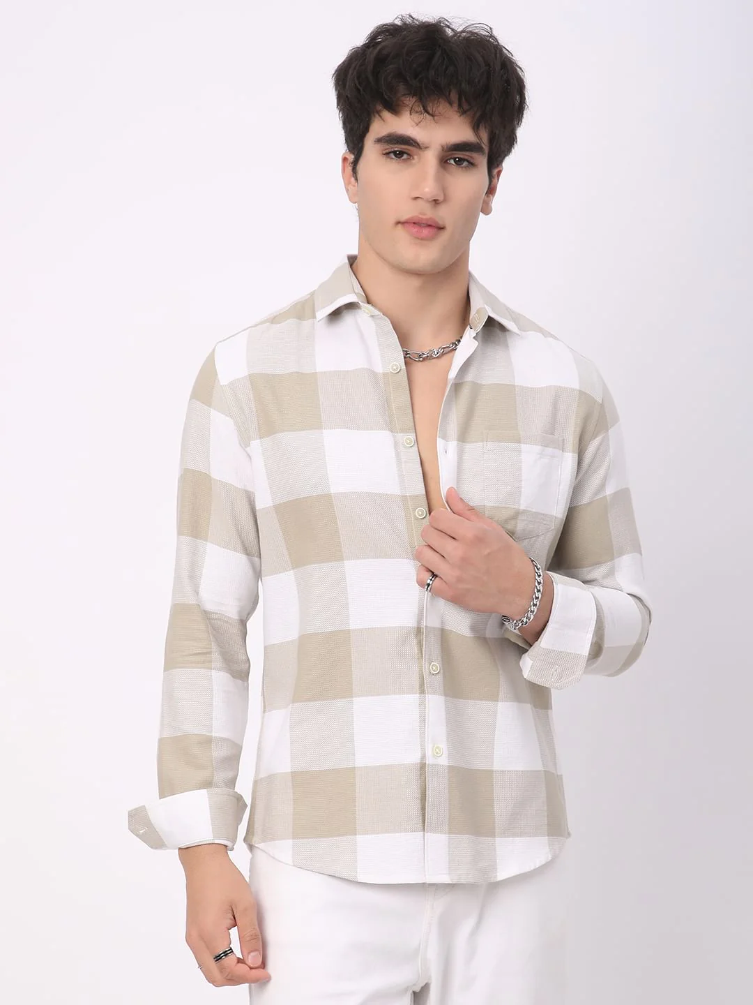 Premium Cotton Beige & White Tartan Checkered Shirt - Image 5