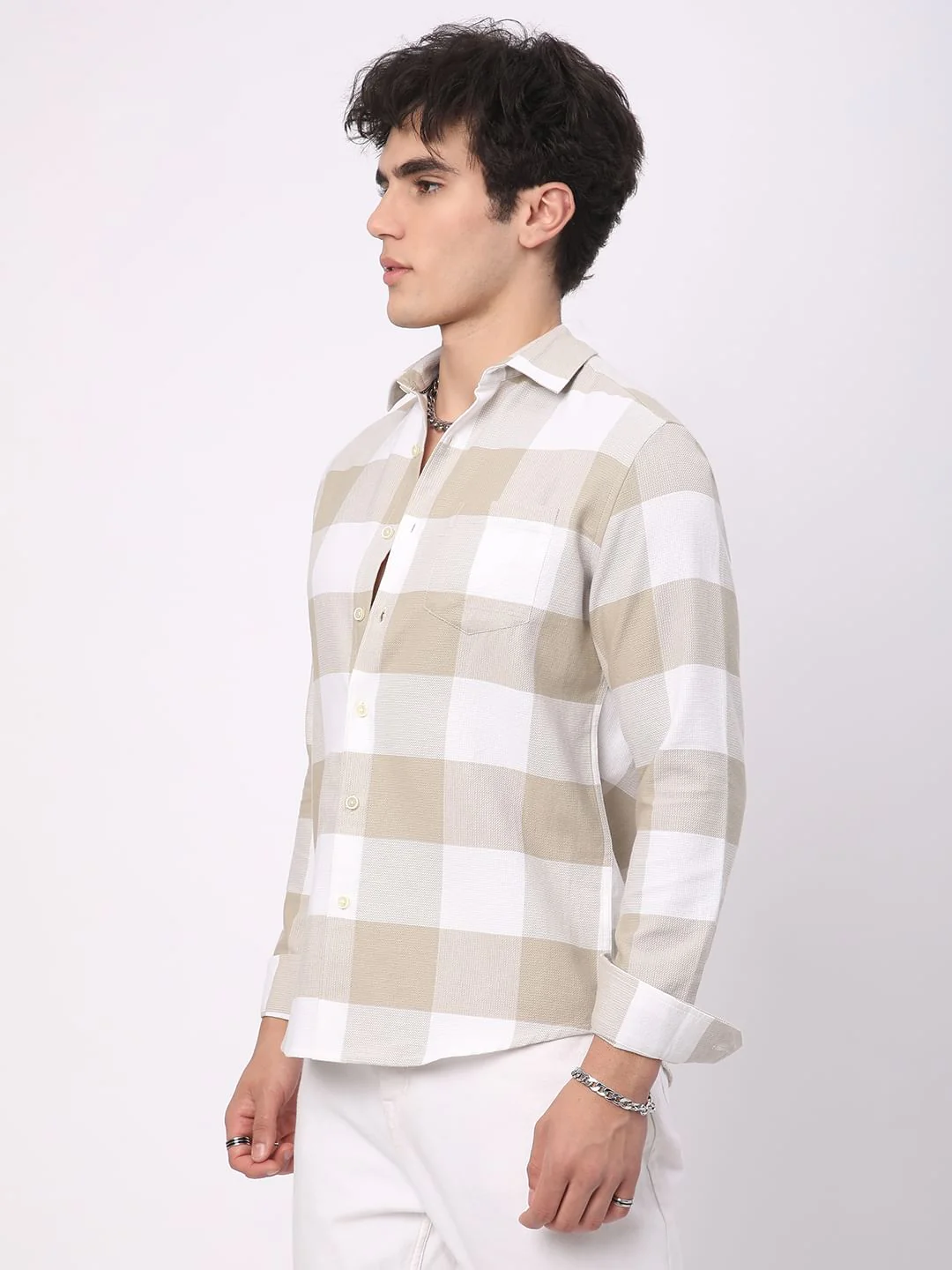 Premium Cotton Beige & White Tartan Checkered Shirt - Image 6
