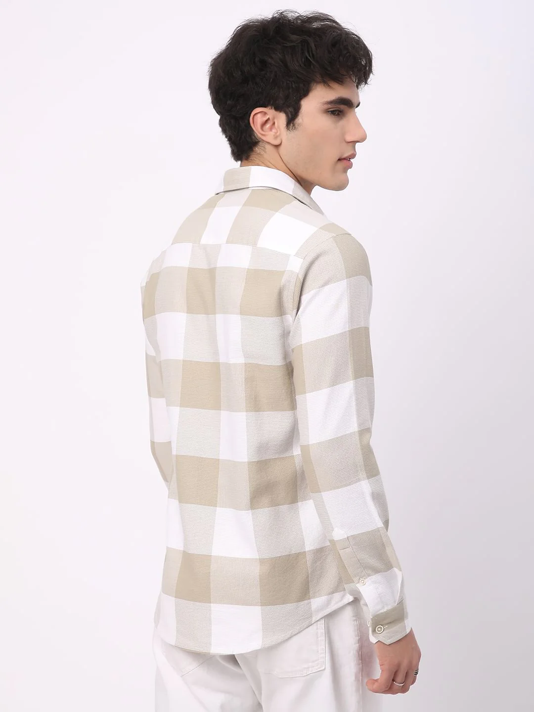 Premium Cotton Beige & White Tartan Checkered Shirt - Image 7