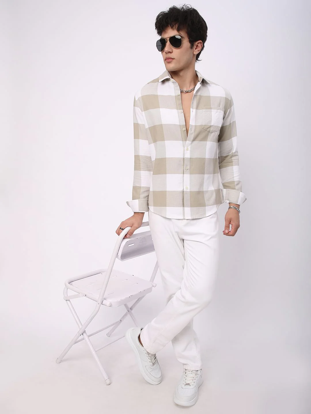 Premium Cotton Beige & White Tartan Checkered Shirt - Image 8