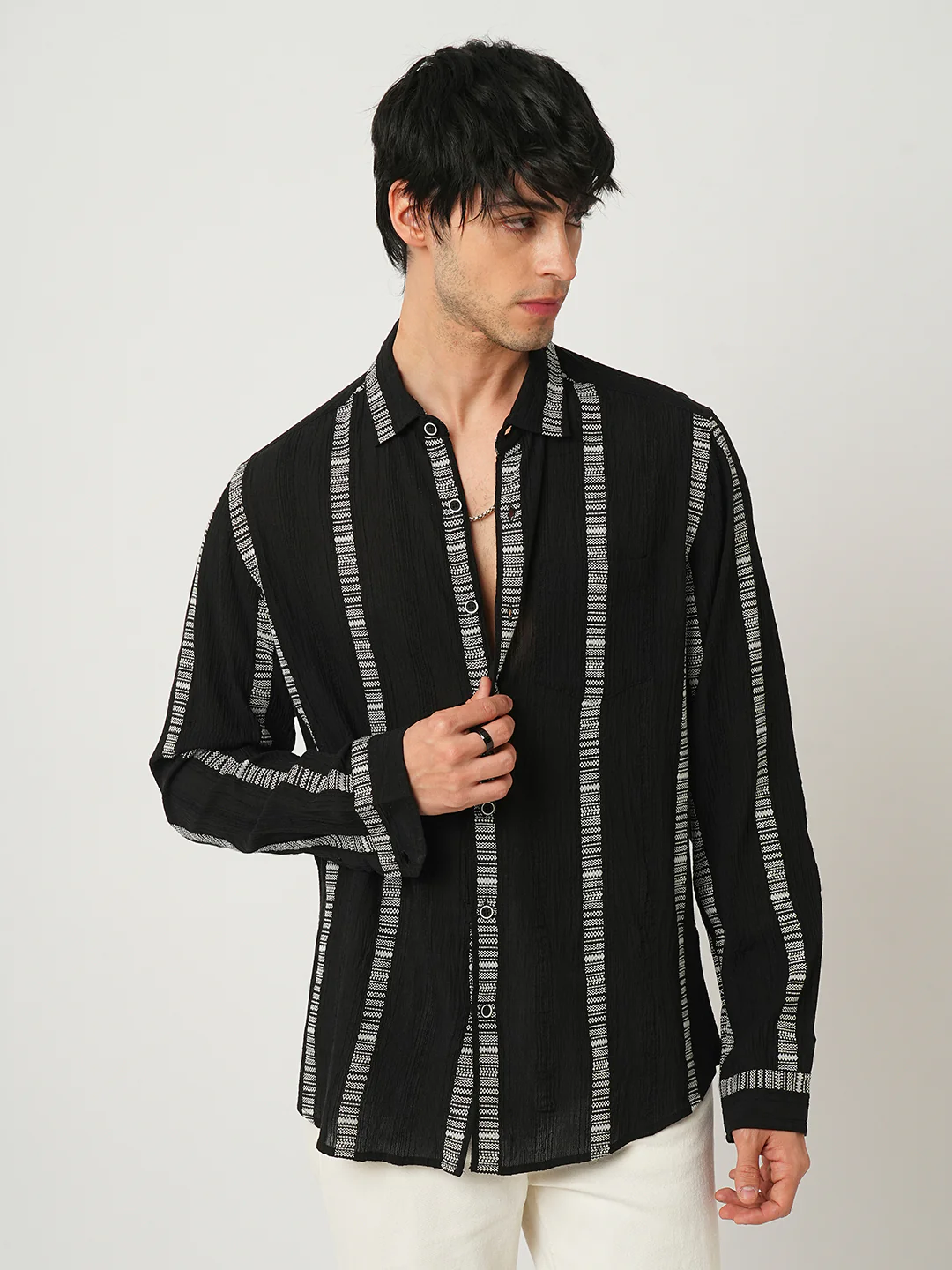 Premium Cotton Black Embroidered Crepe Shirt - Image 5