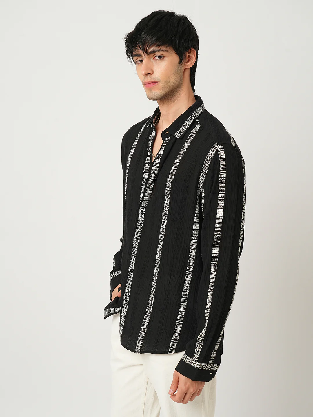 Premium Cotton Black Embroidered Crepe Shirt - Image 6