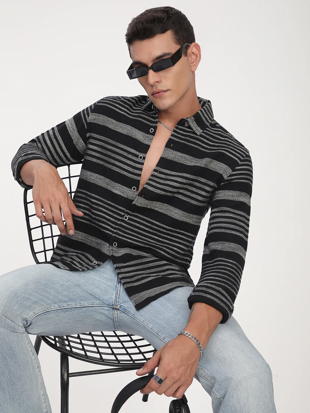 Premium Cotton Black & White Jacquard Striped Shirt - Image 4