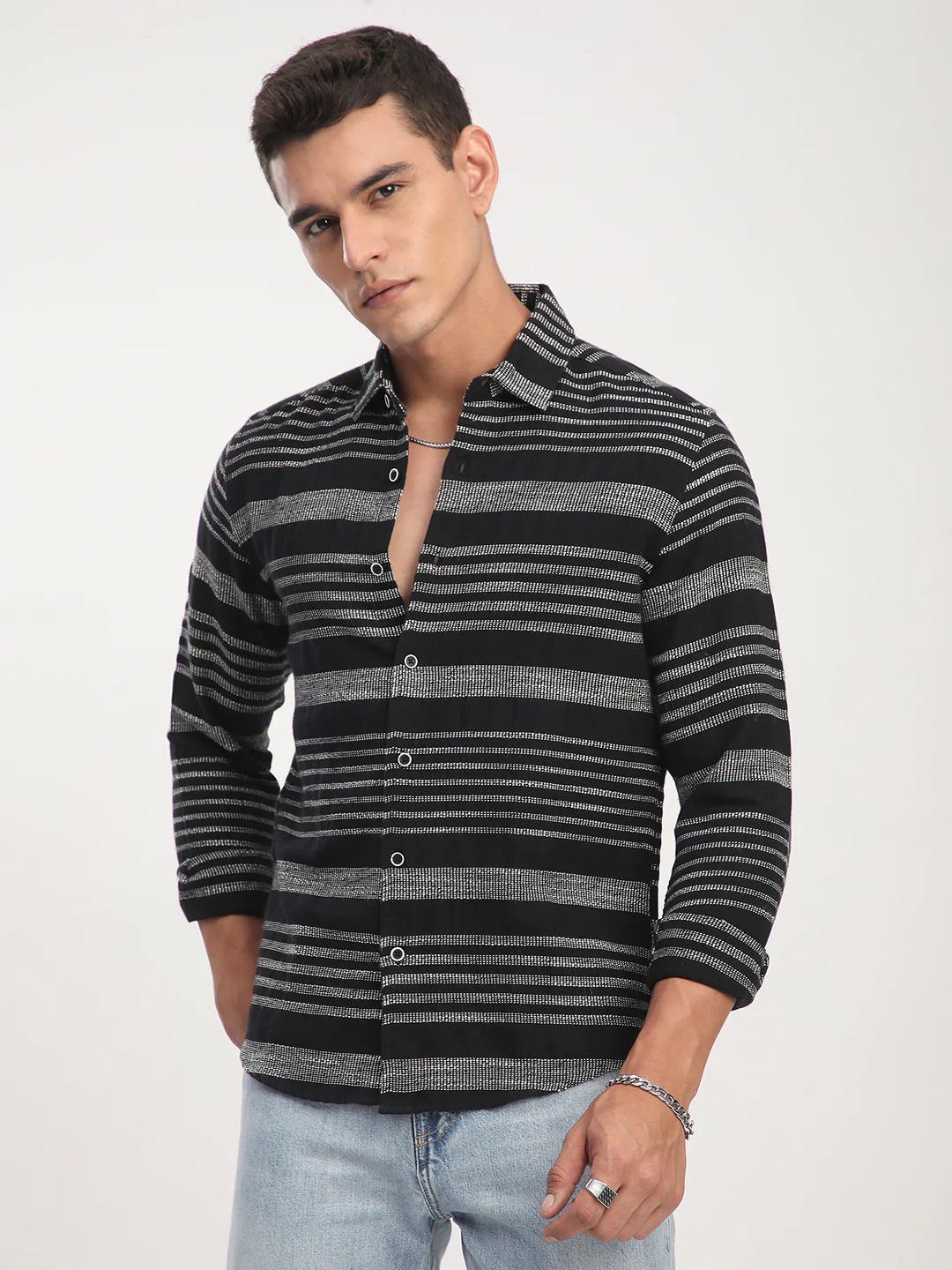 Premium Cotton Black & White Jacquard Striped Shirt - Image 5