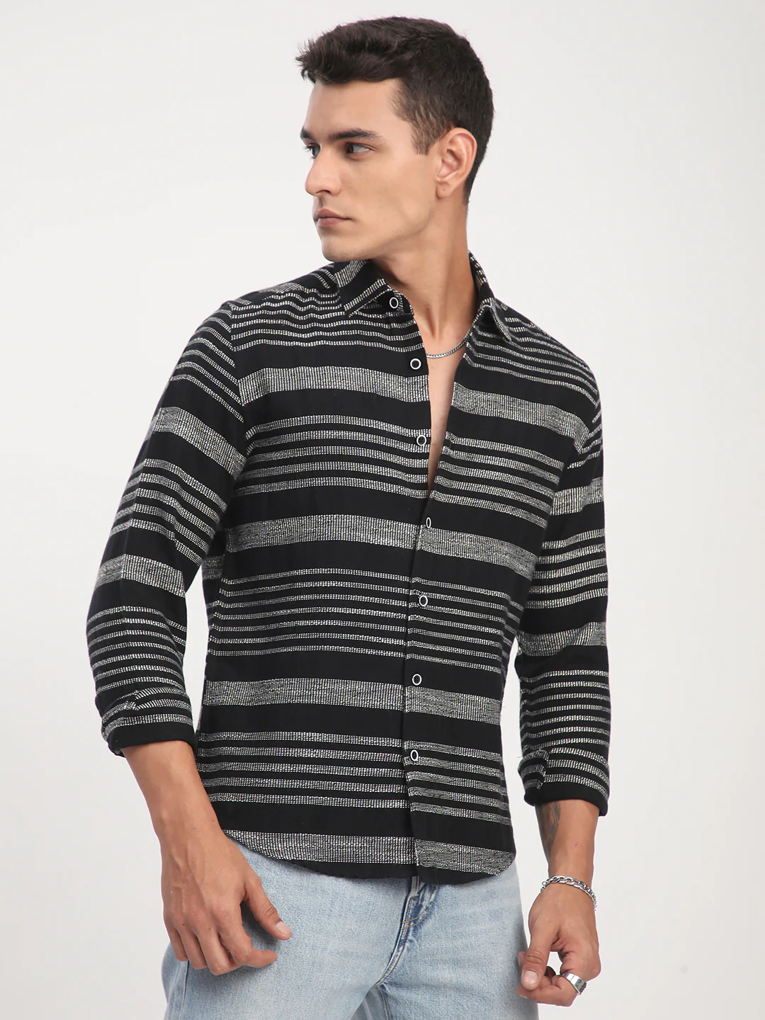 Premium Cotton Black & White Jacquard Striped Shirt - Image 6