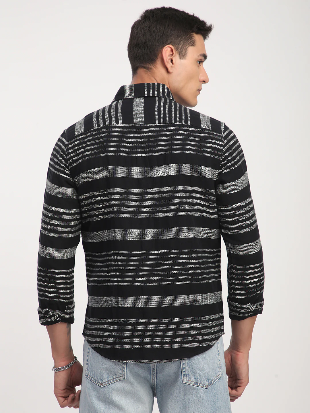 Premium Cotton Black & White Jacquard Striped Shirt - Image 7
