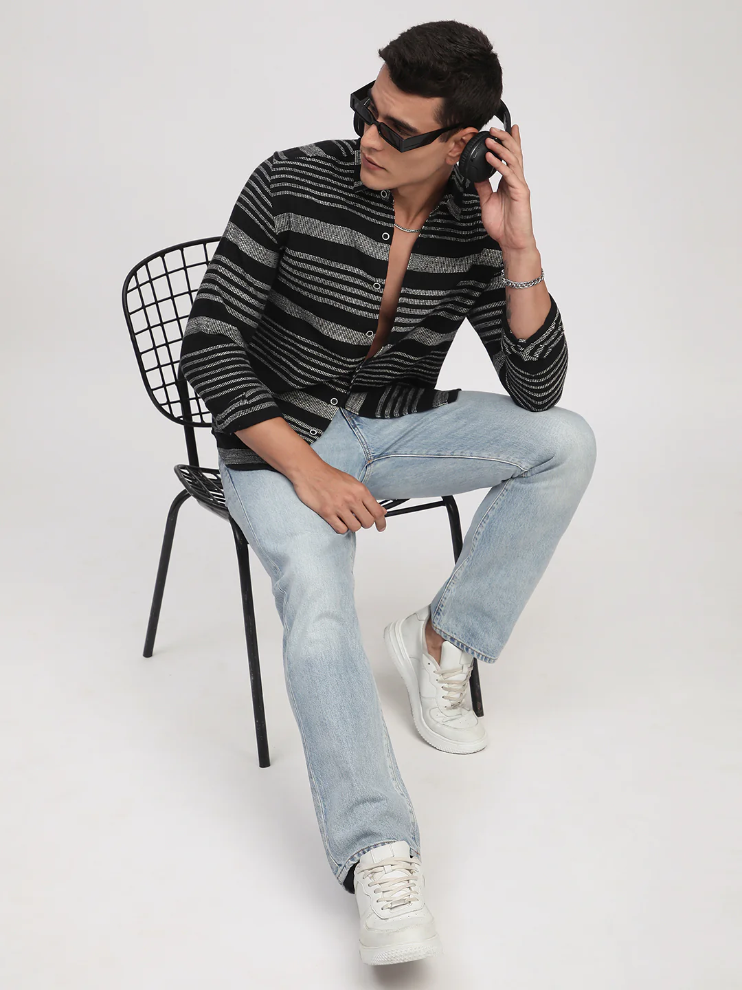 Premium Cotton Black & White Jacquard Striped Shirt - Image 8