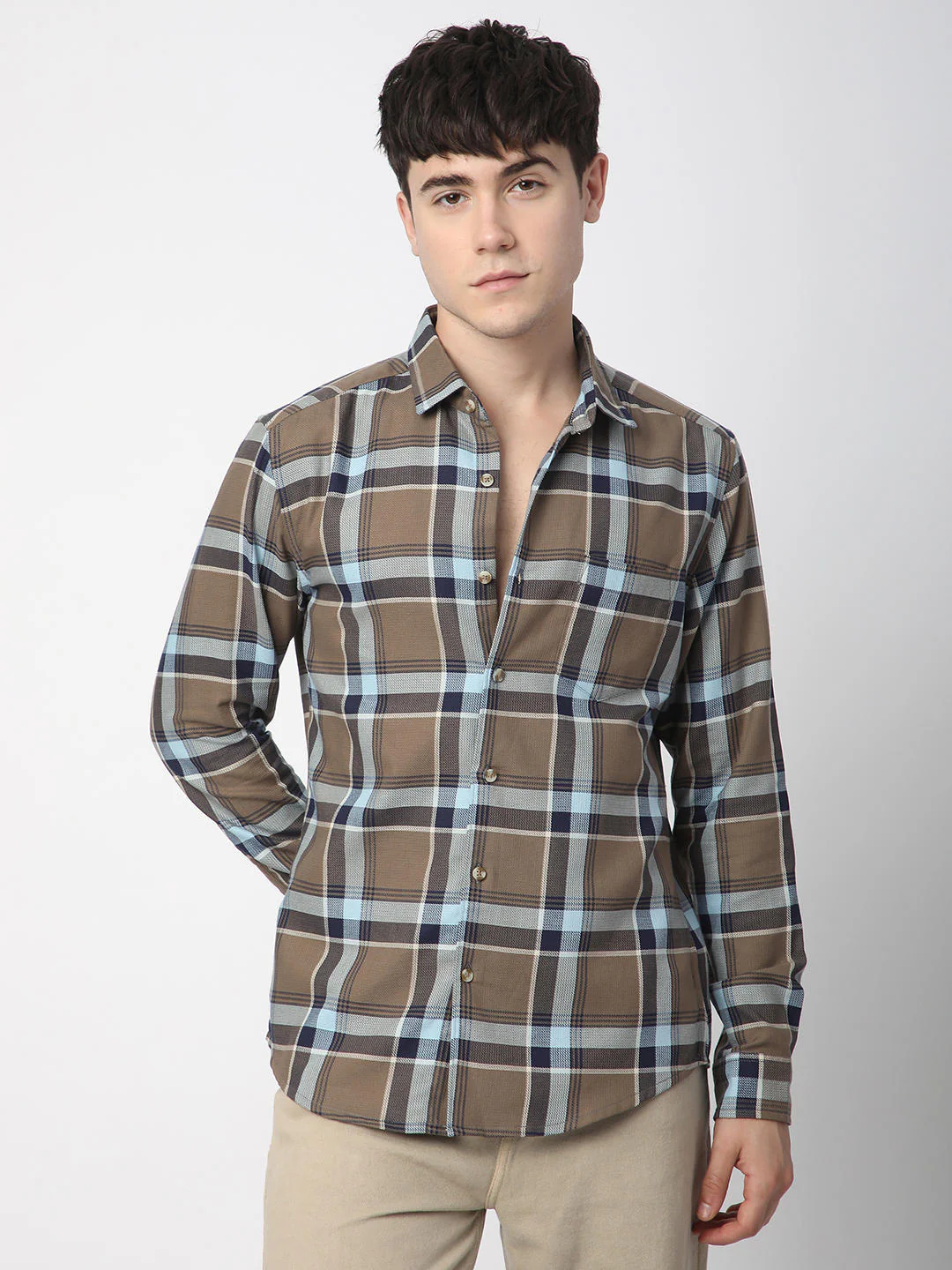 Premium Cotton Brown & Navy Tartanique Checked Shirt - Image 4