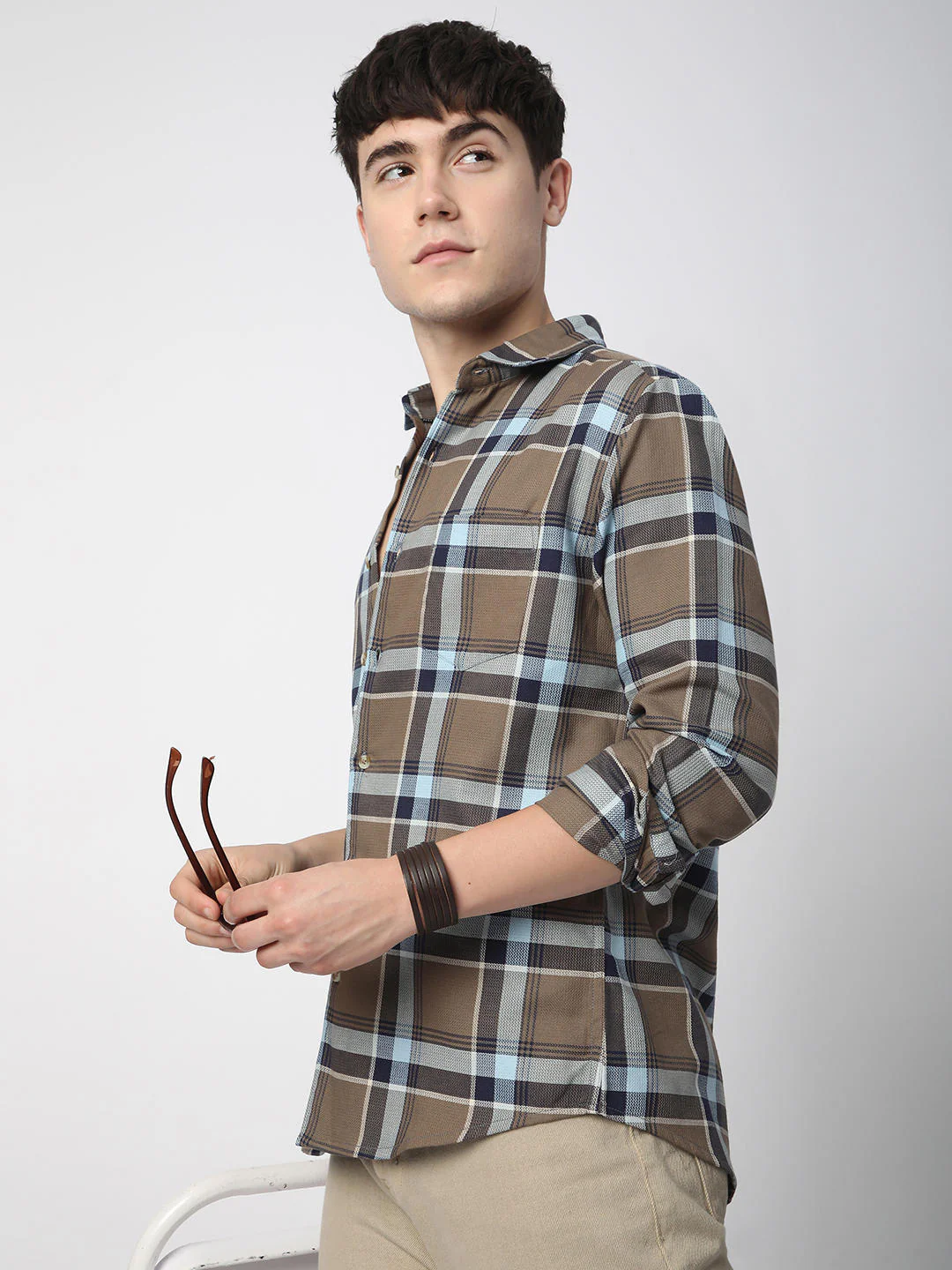 Premium Cotton Brown & Navy Tartanique Checked Shirt - Image 5