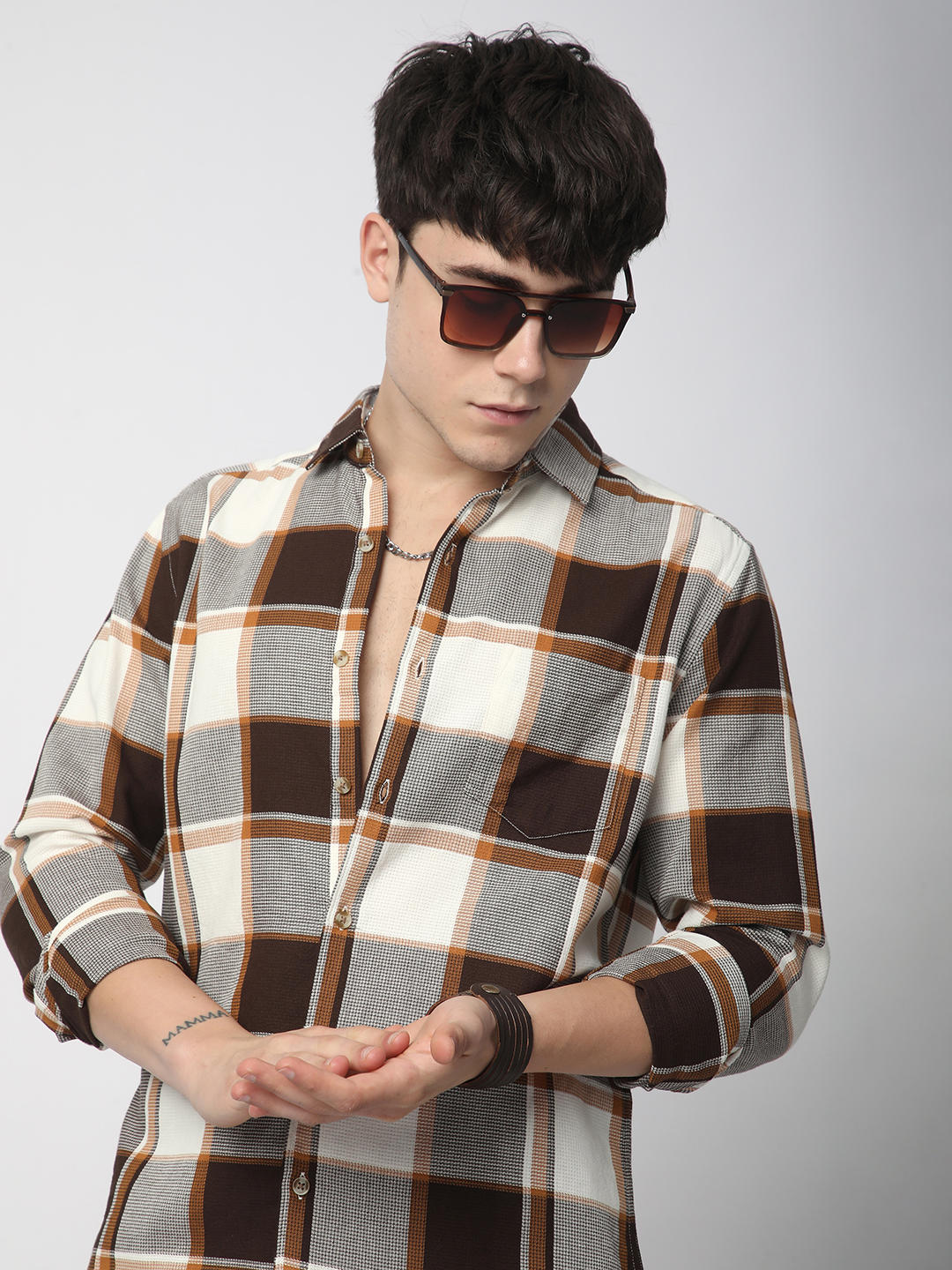 Premium Cotton Brown & White Broad Checks Shirt - Image 2