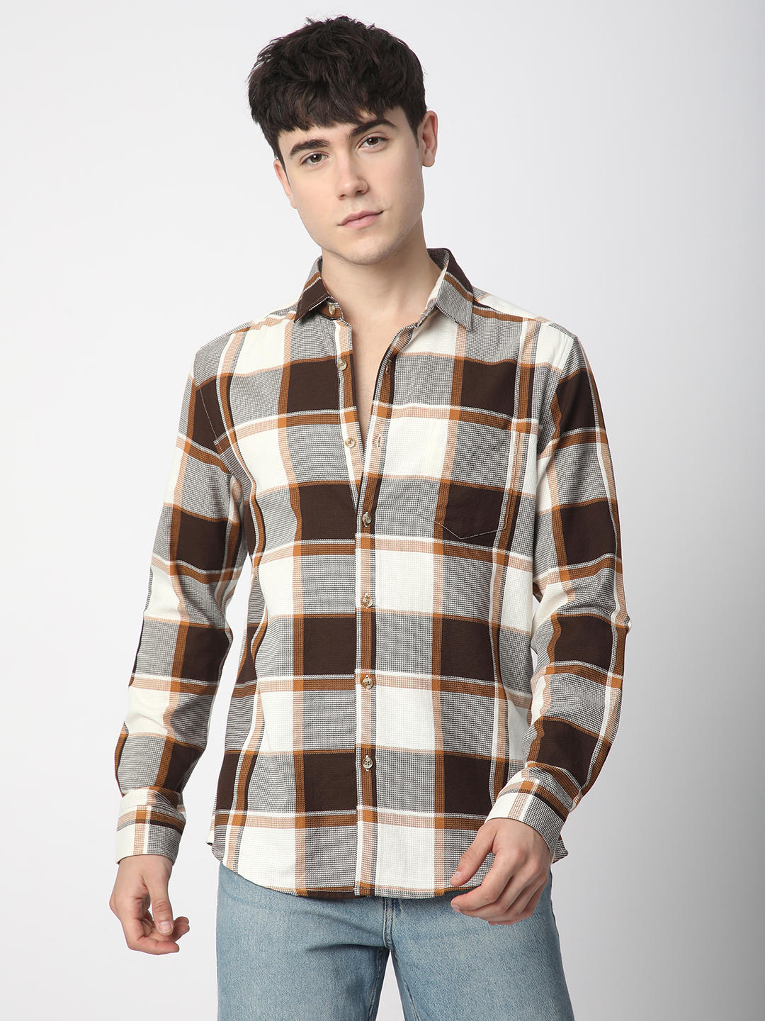 Premium Cotton Brown & White Broad Checks Shirt - Image 4