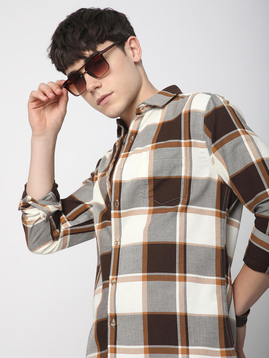 Premium Cotton Brown & White Broad Checks Shirt - Image 5