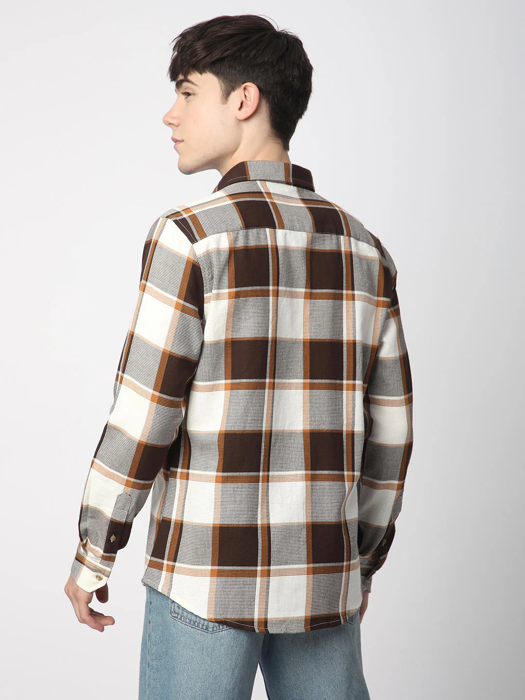 Premium Cotton Brown & White Broad Checks Shirt - Image 6