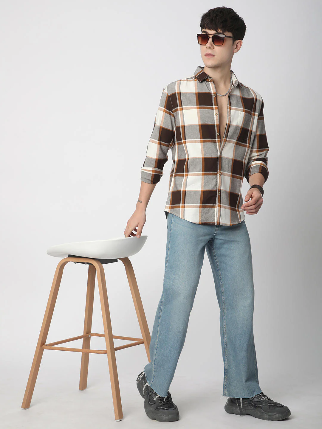 Premium Cotton Brown & White Broad Checks Shirt - Image 7
