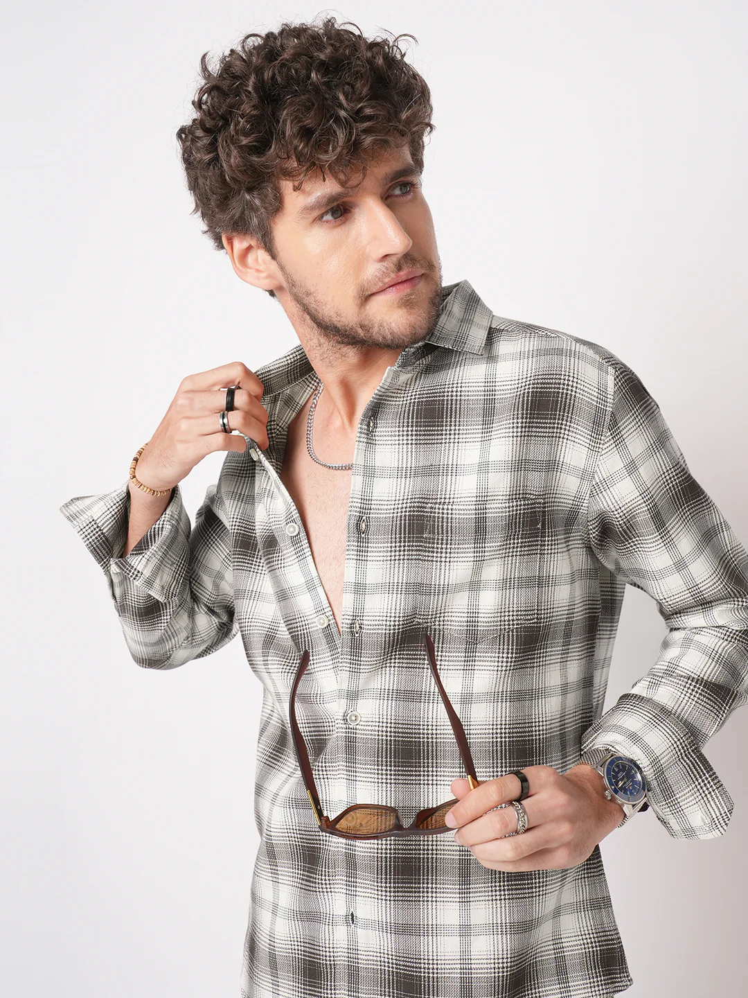 Premium Cotton Brown & White Sable Grid Checks Shirt - Image 2