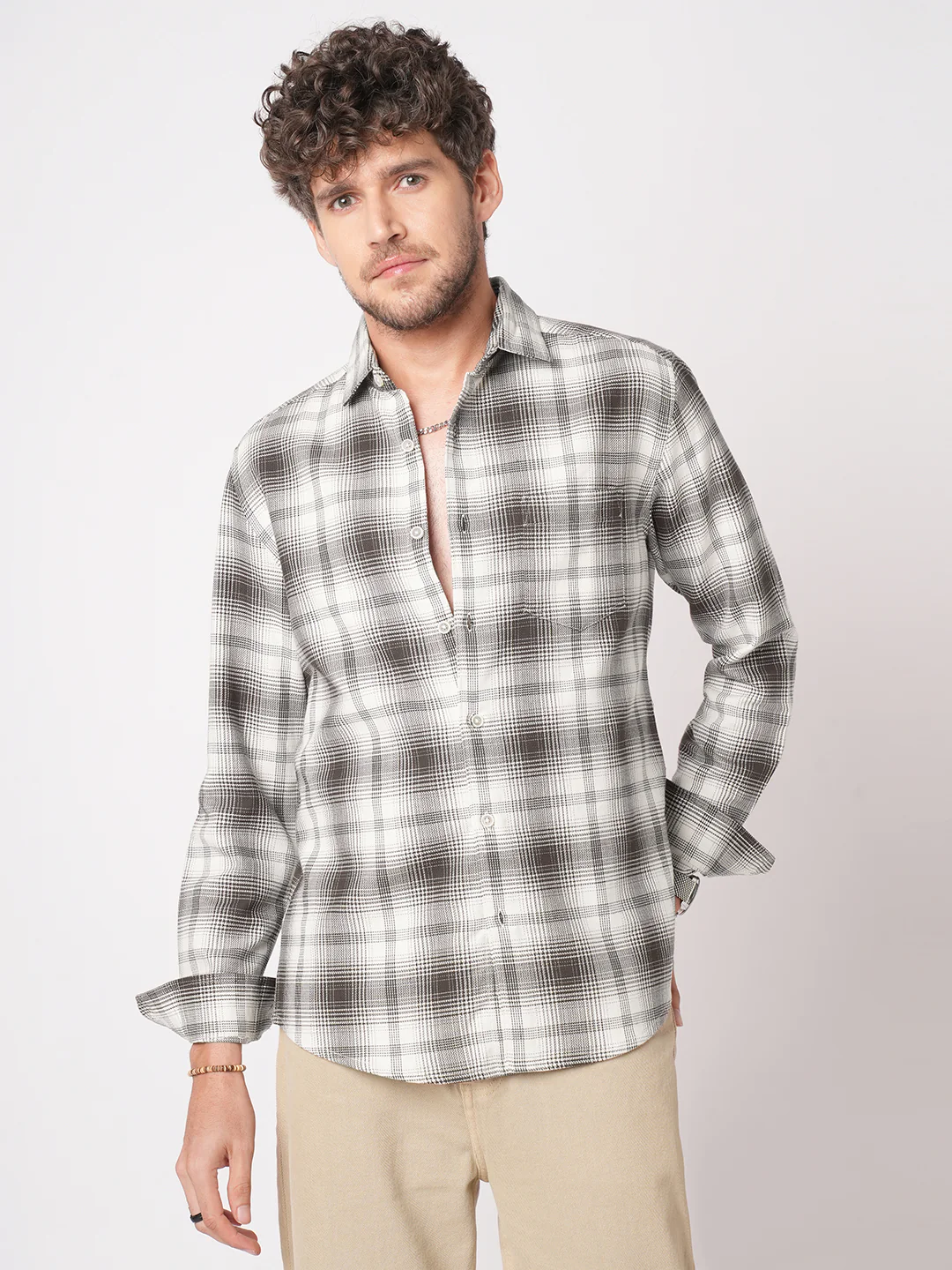 Premium Cotton Brown & White Sable Grid Checks Shirt - Image 5