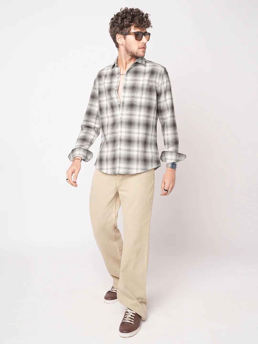 Premium Cotton Brown & White Sable Grid Checks Shirt - Image 8