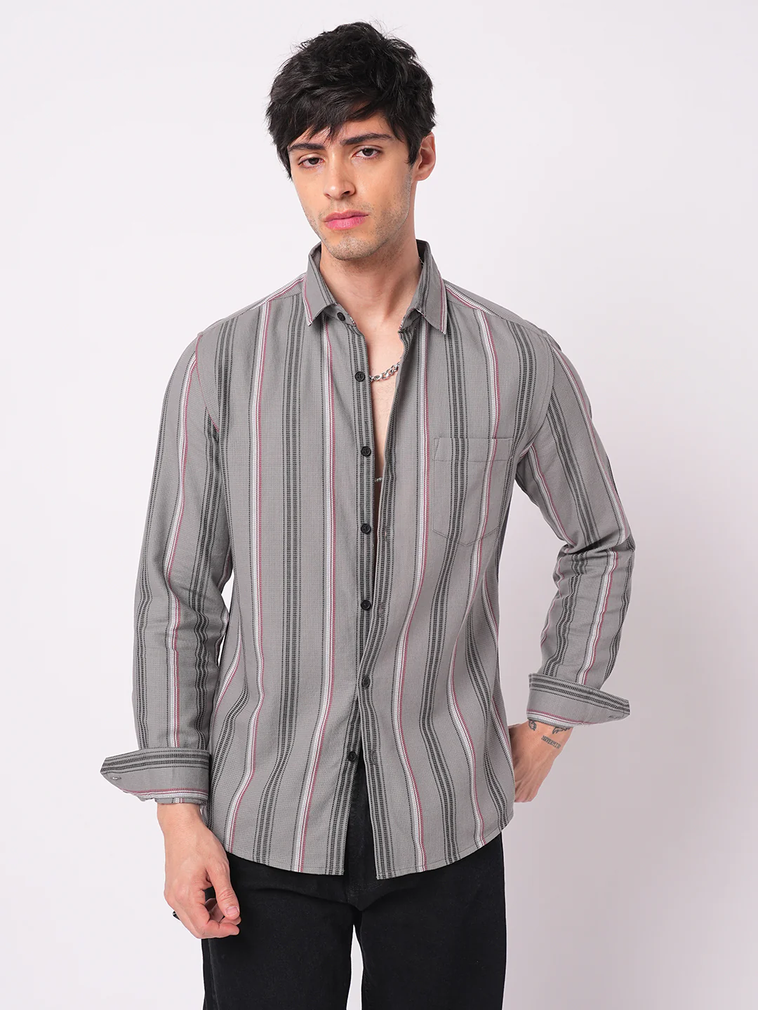 Premium Cotton Cityscape Grey and Red Stripe Shirt - Image 5