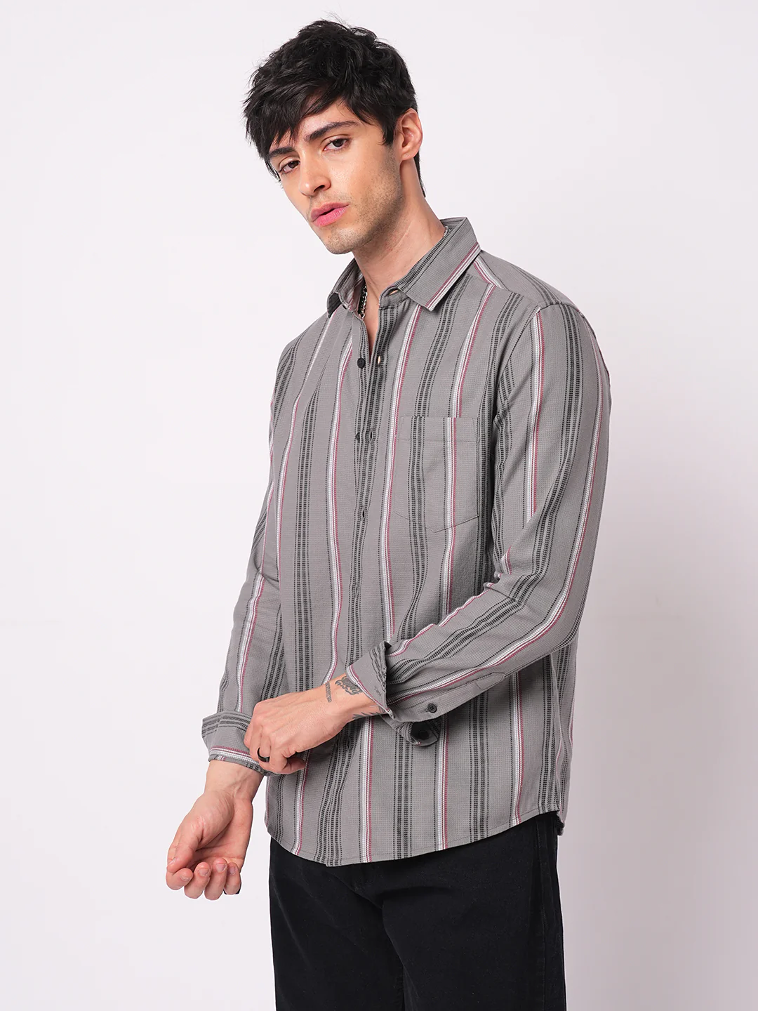 Premium Cotton Cityscape Grey and Red Stripe Shirt - Image 6