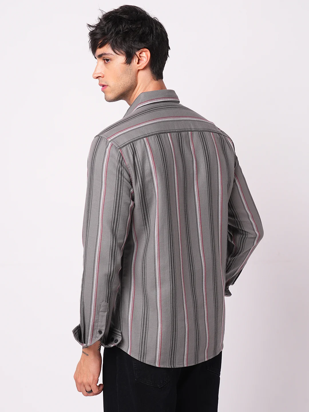 Premium Cotton Cityscape Grey and Red Stripe Shirt - Image 7
