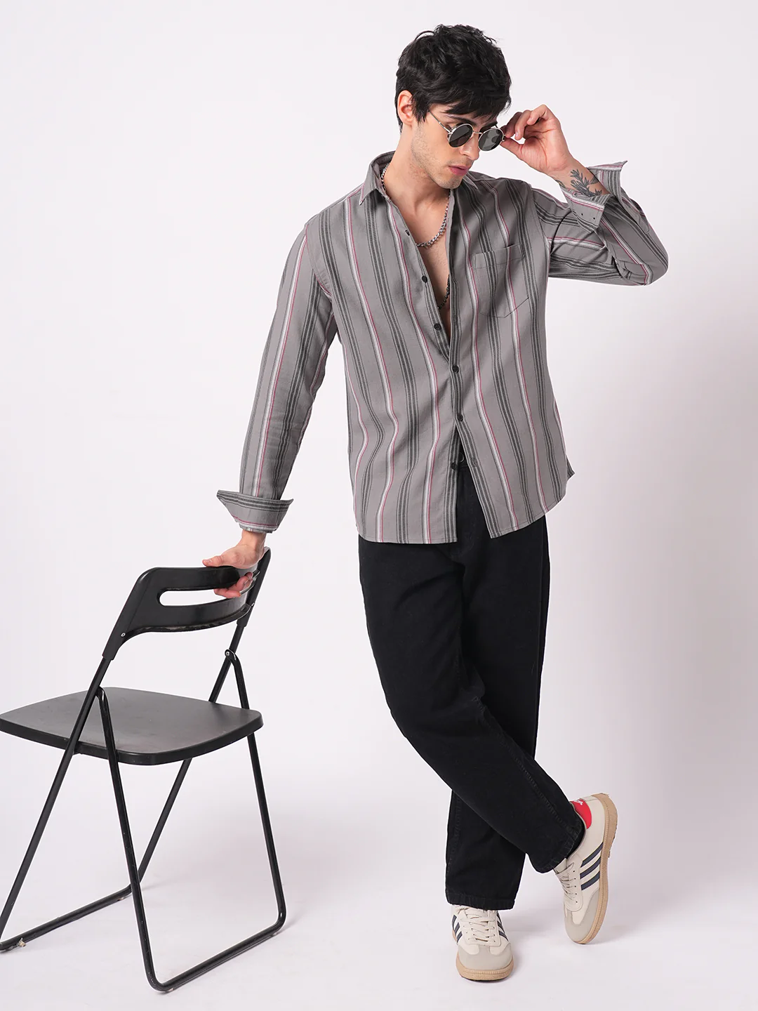 Premium Cotton Cityscape Grey and Red Stripe Shirt - Image 8