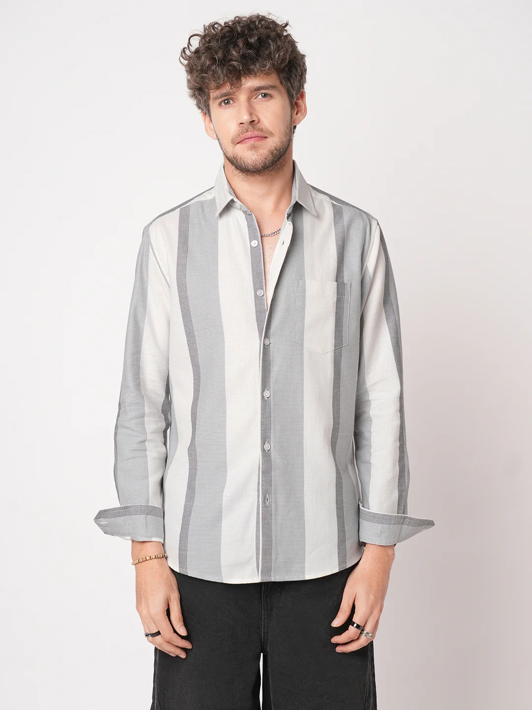 Premium Cotton Classic Dual Tone Broad Stripes Grey Shirt - Image 4