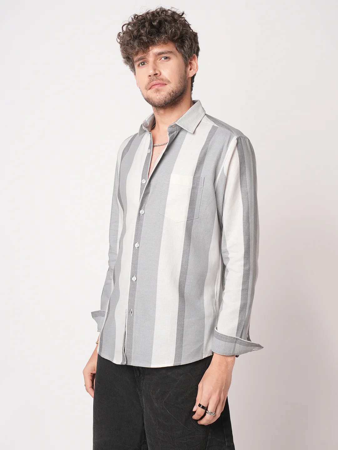 Premium Cotton Classic Dual Tone Broad Stripes Grey Shirt - Image 5