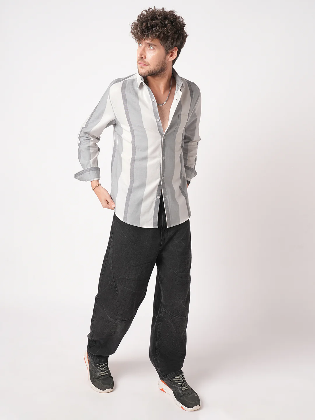 Premium Cotton Classic Dual Tone Broad Stripes Grey Shirt - Image 7