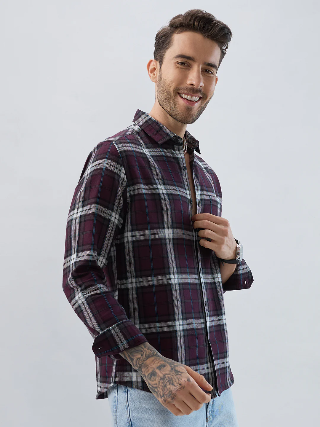 Premium Cotton Dark Maroon Tartan Plaid Checked Shirt - Image 5