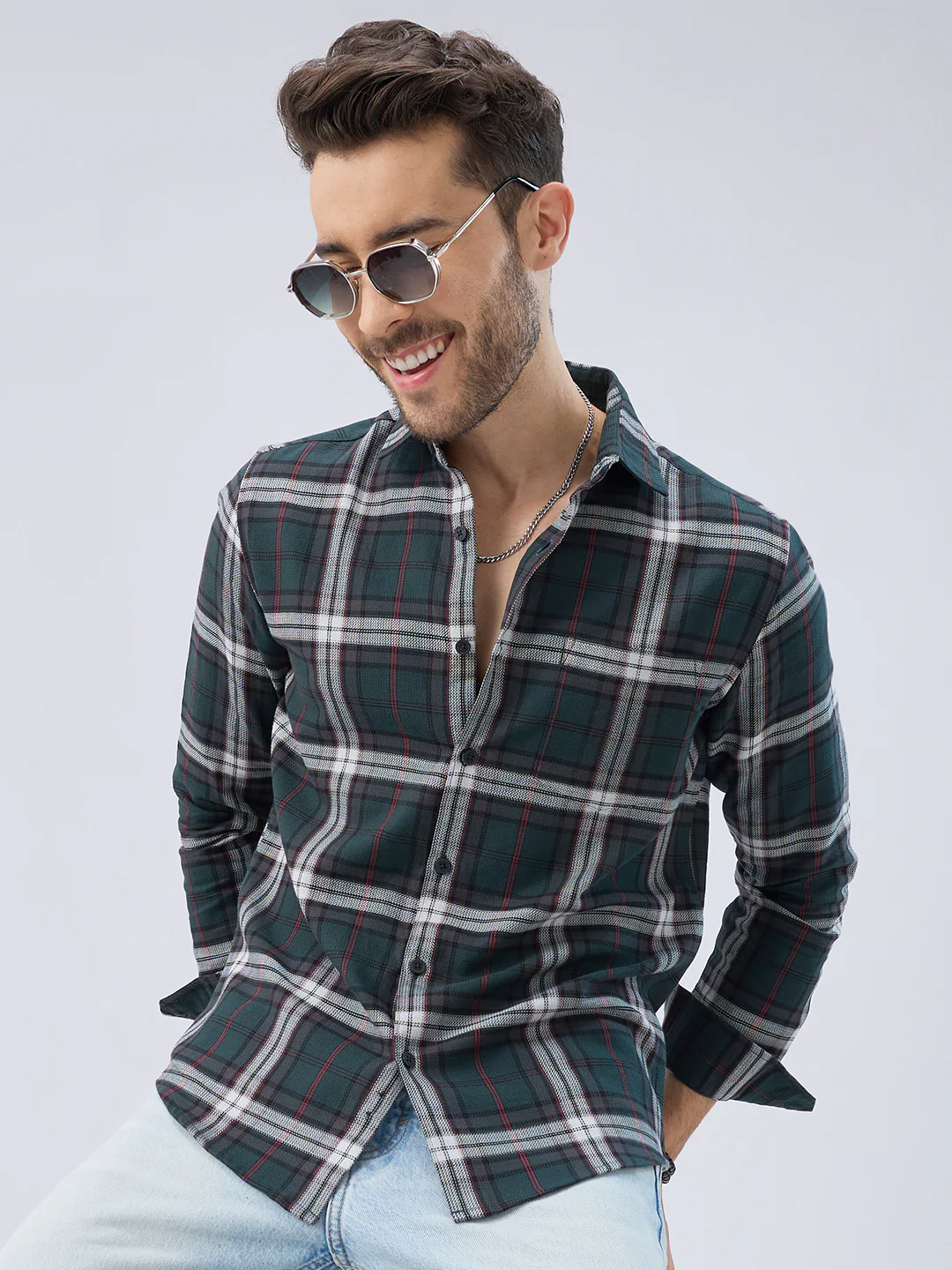 Premium Cotton Deep Forest Green Contrast Checks Shirt - Image 2