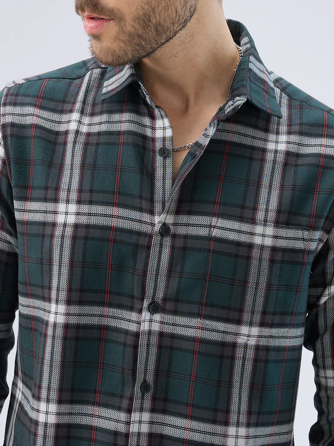 Premium Cotton Deep Forest Green Contrast Checks Shirt - Image 3