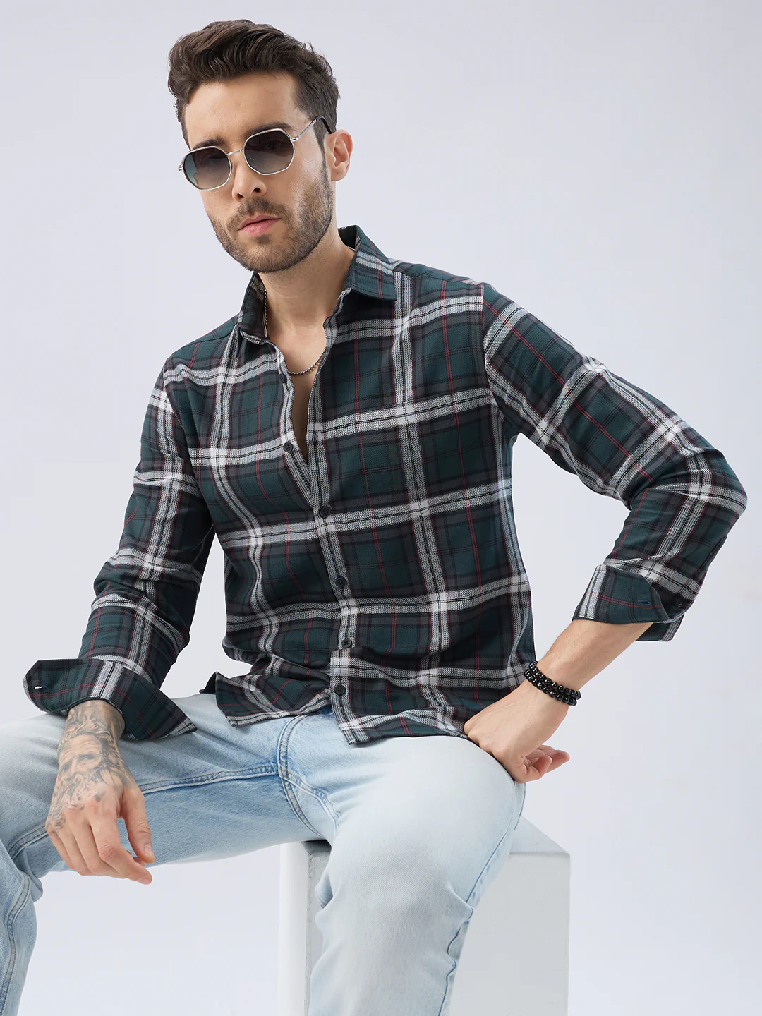 Premium Cotton Deep Forest Green Contrast Checks Shirt - Image 4