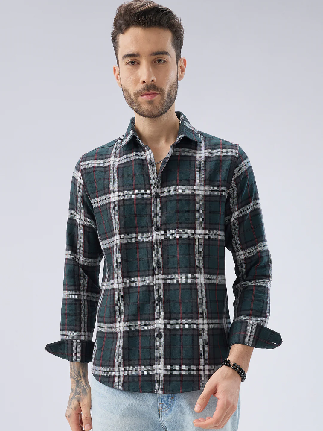 Premium Cotton Deep Forest Green Contrast Checks Shirt - Image 5