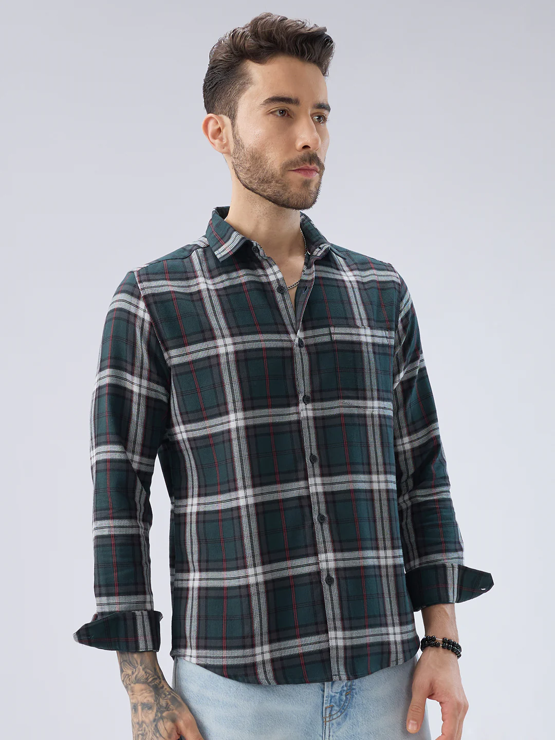 Premium Cotton Deep Forest Green Contrast Checks Shirt - Image 6