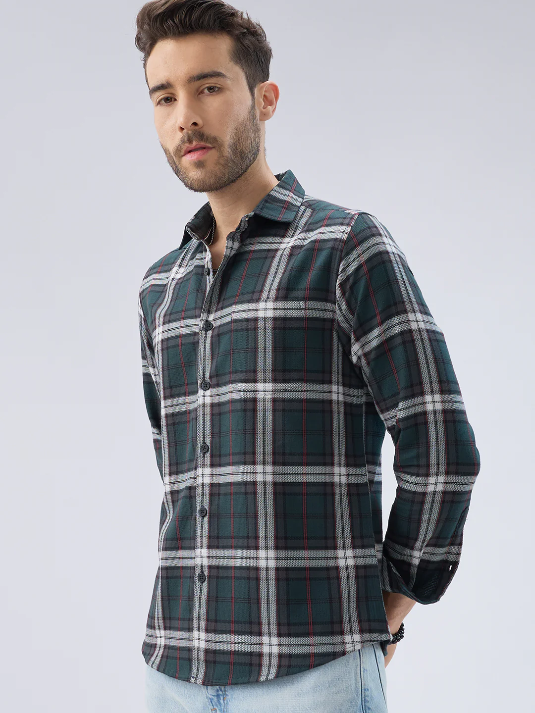 Premium Cotton Deep Forest Green Contrast Checks Shirt - Image 7