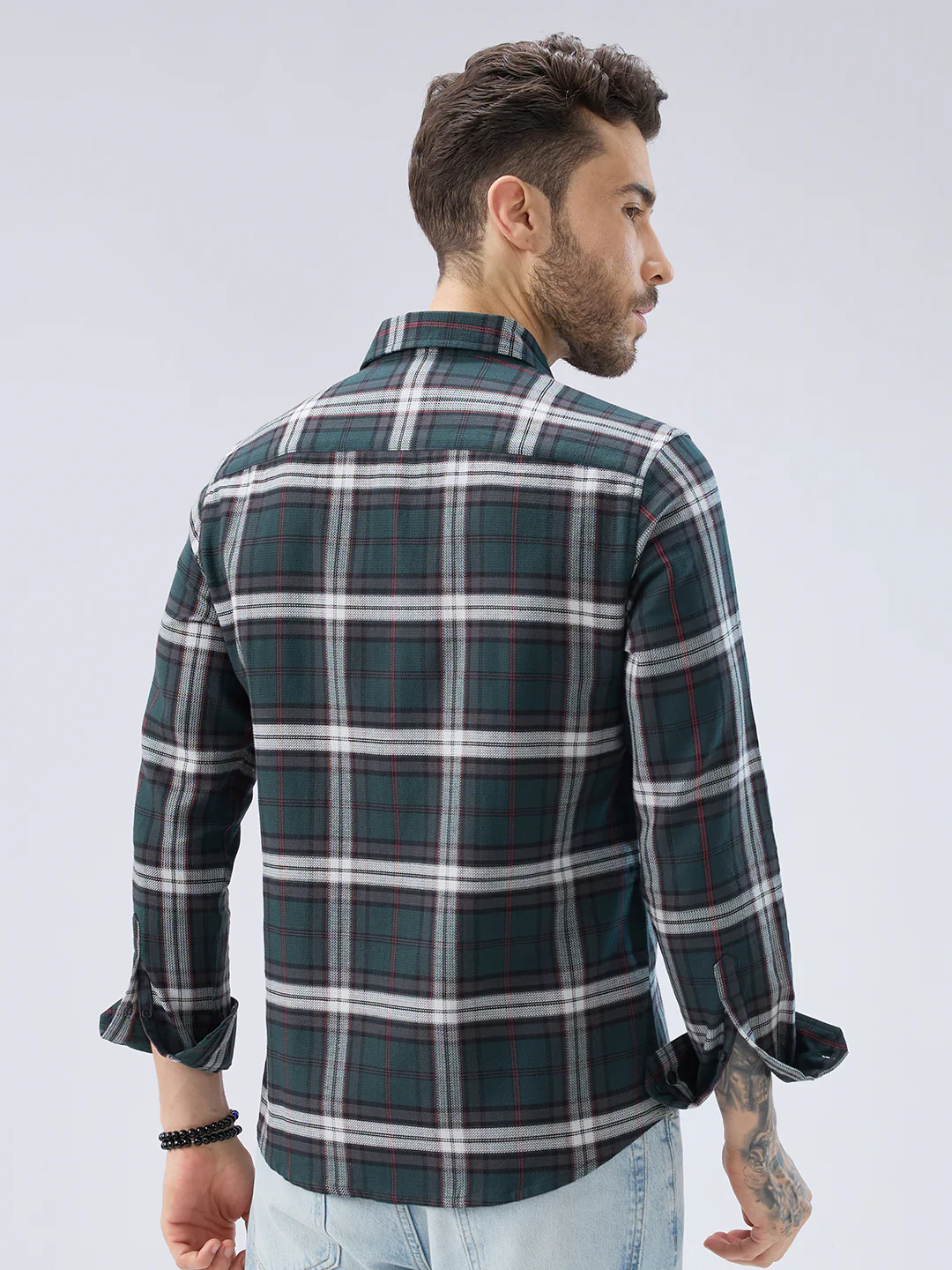 Premium Cotton Deep Forest Green Contrast Checks Shirt - Image 8