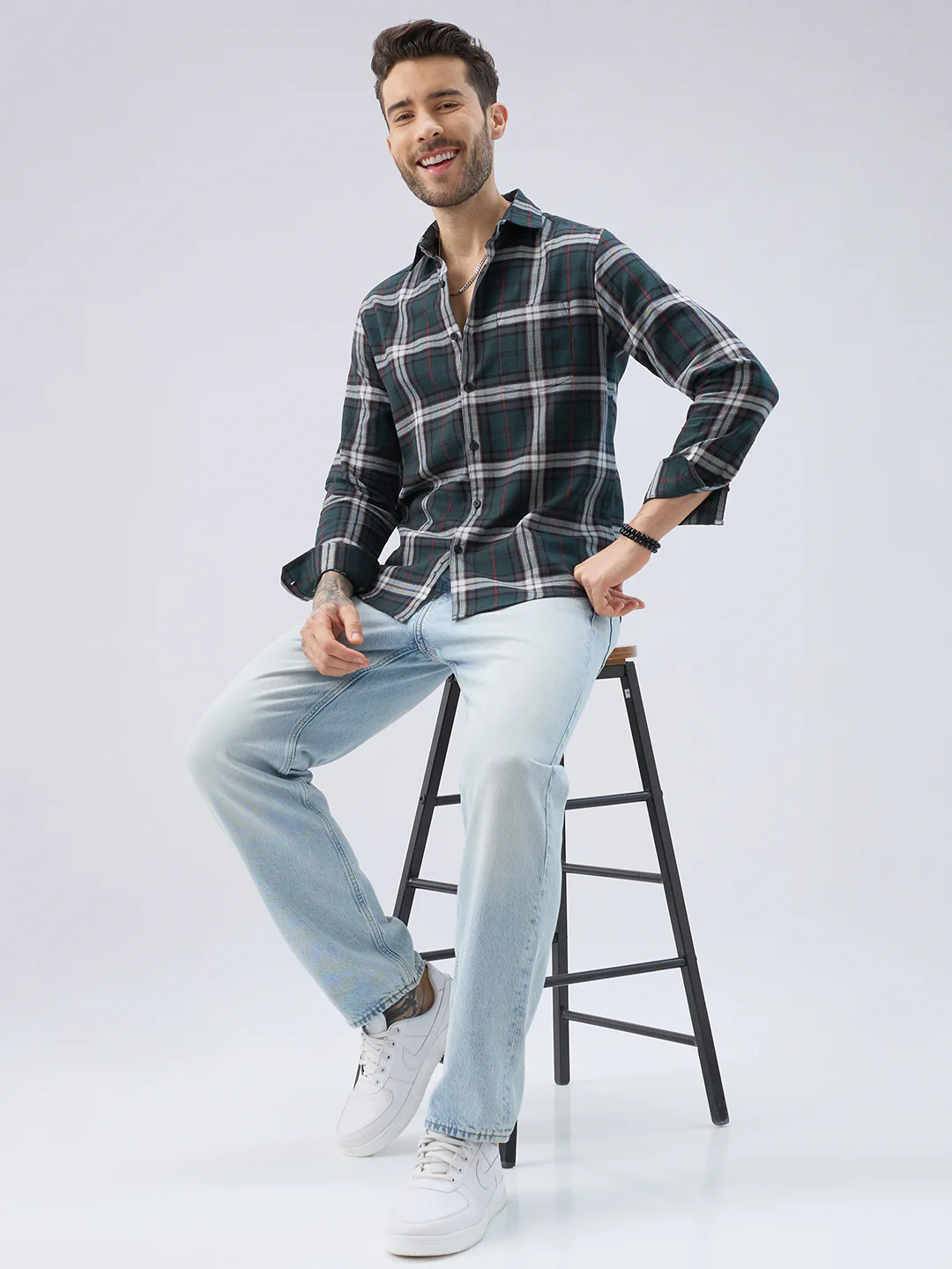 Premium Cotton Deep Forest Green Contrast Checks Shirt - Image 9