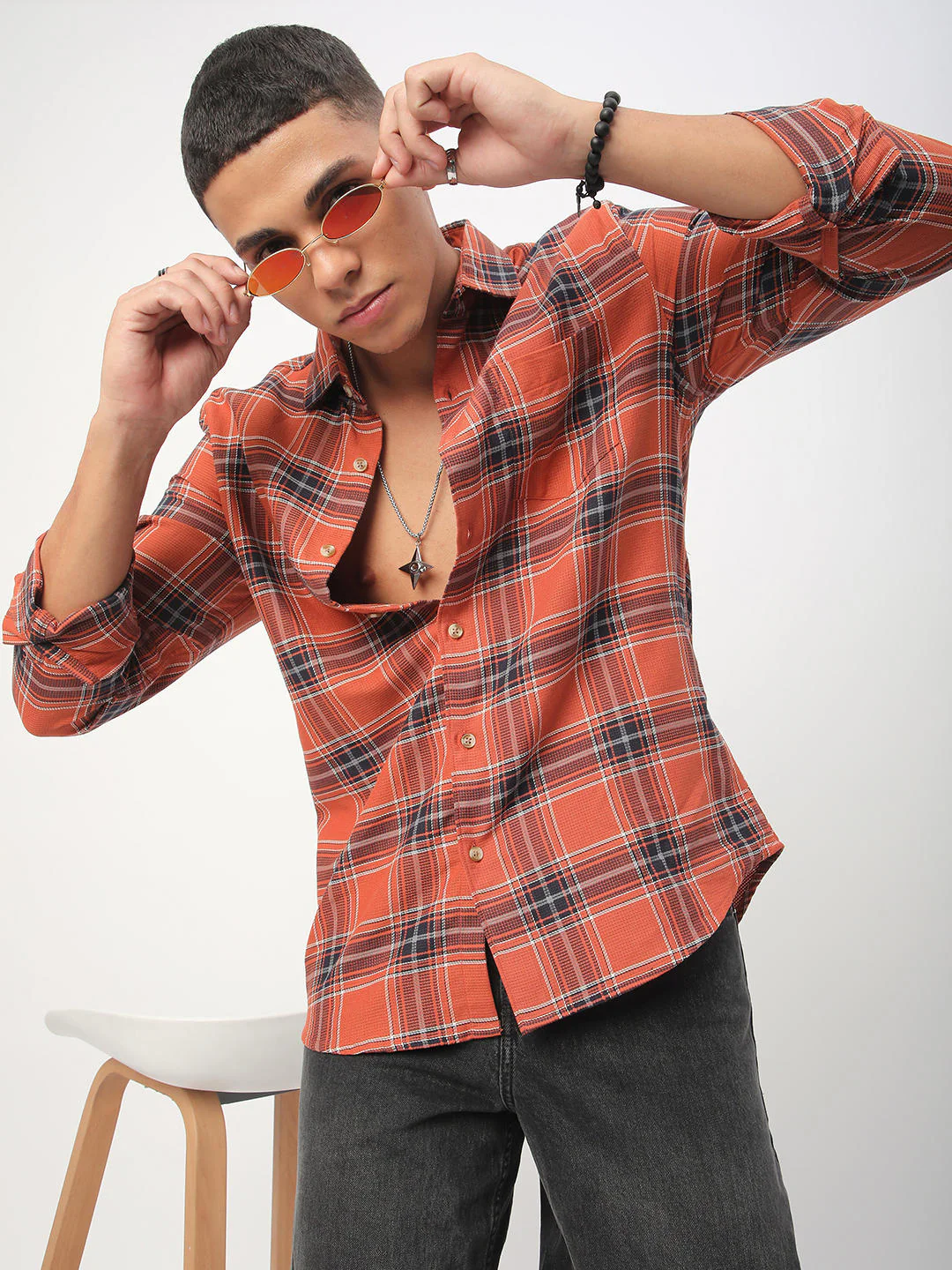 Premium Cotton Fiery Tangerine Checkered Shirt - Image 2