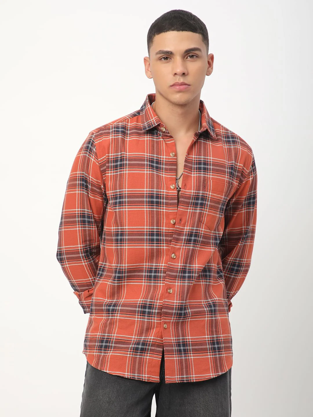 Premium Cotton Fiery Tangerine Checkered Shirt - Image 5