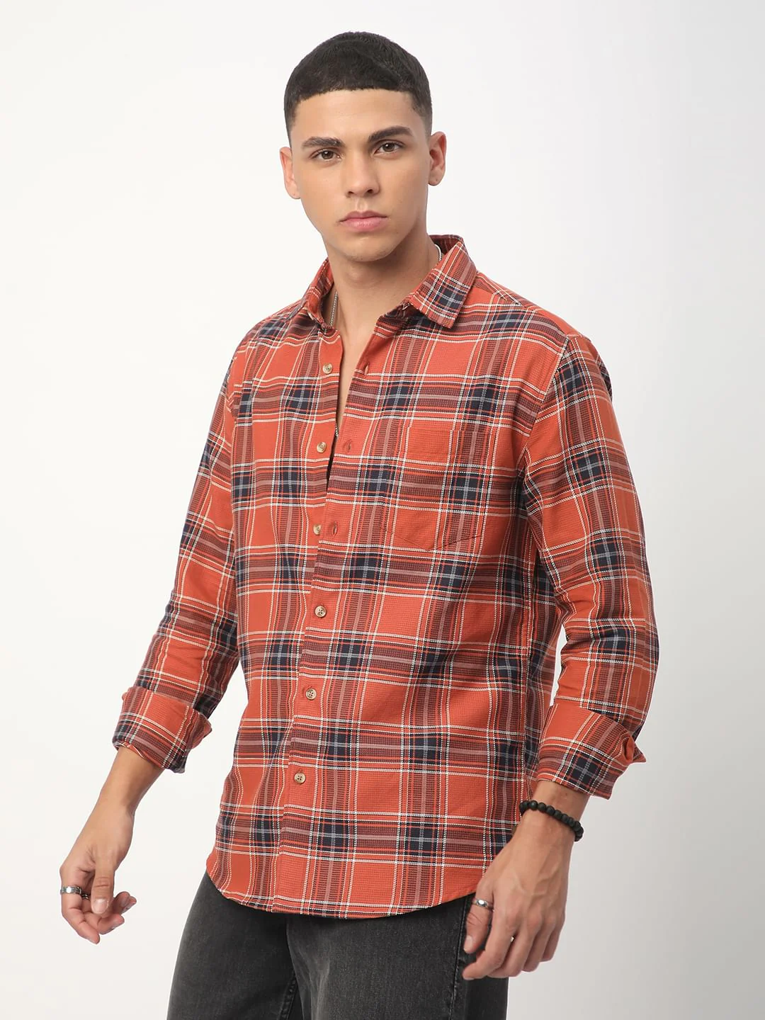 Premium Cotton Fiery Tangerine Checkered Shirt - Image 6