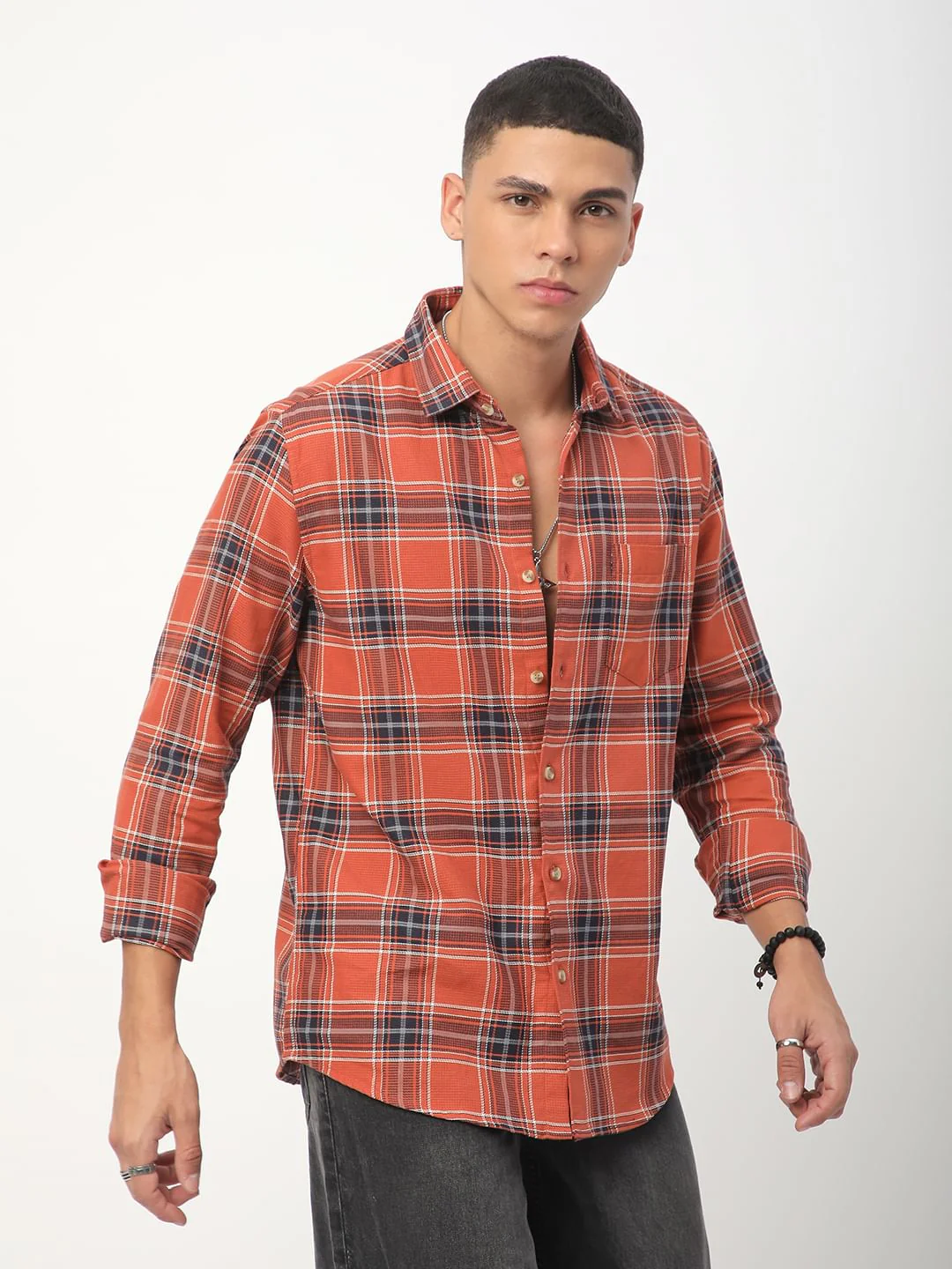 Premium Cotton Fiery Tangerine Checkered Shirt - Image 7