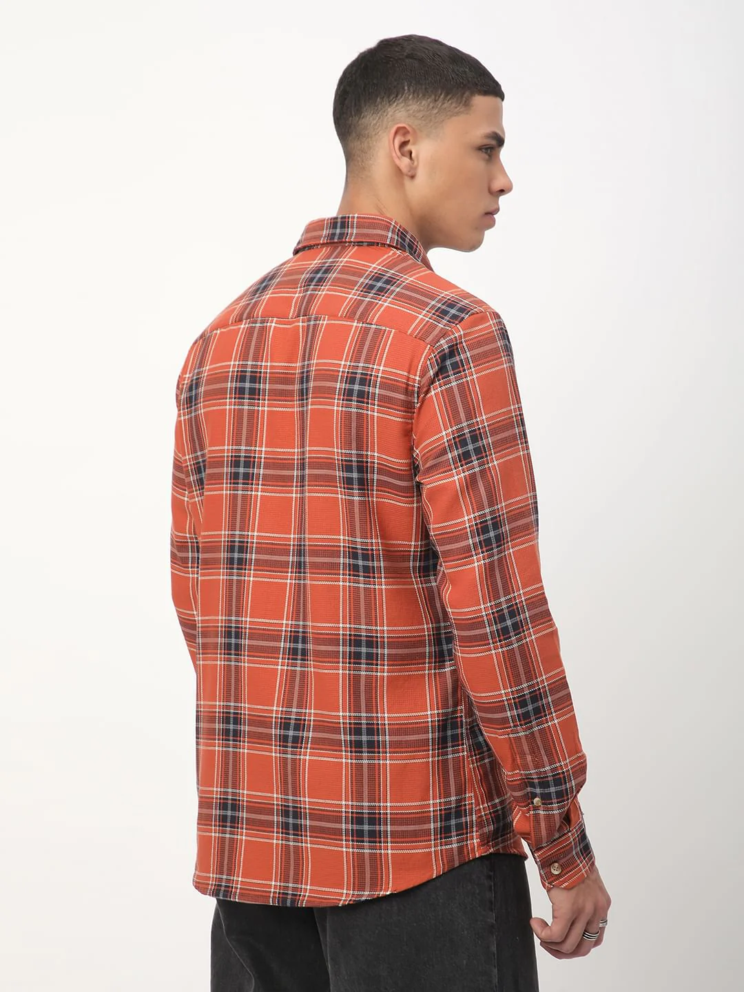 Premium Cotton Fiery Tangerine Checkered Shirt - Image 8
