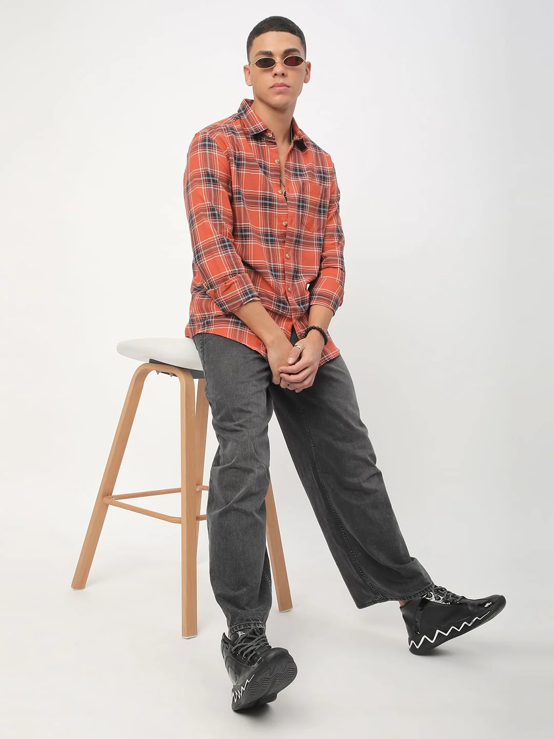 Premium Cotton Fiery Tangerine Checkered Shirt - Image 9