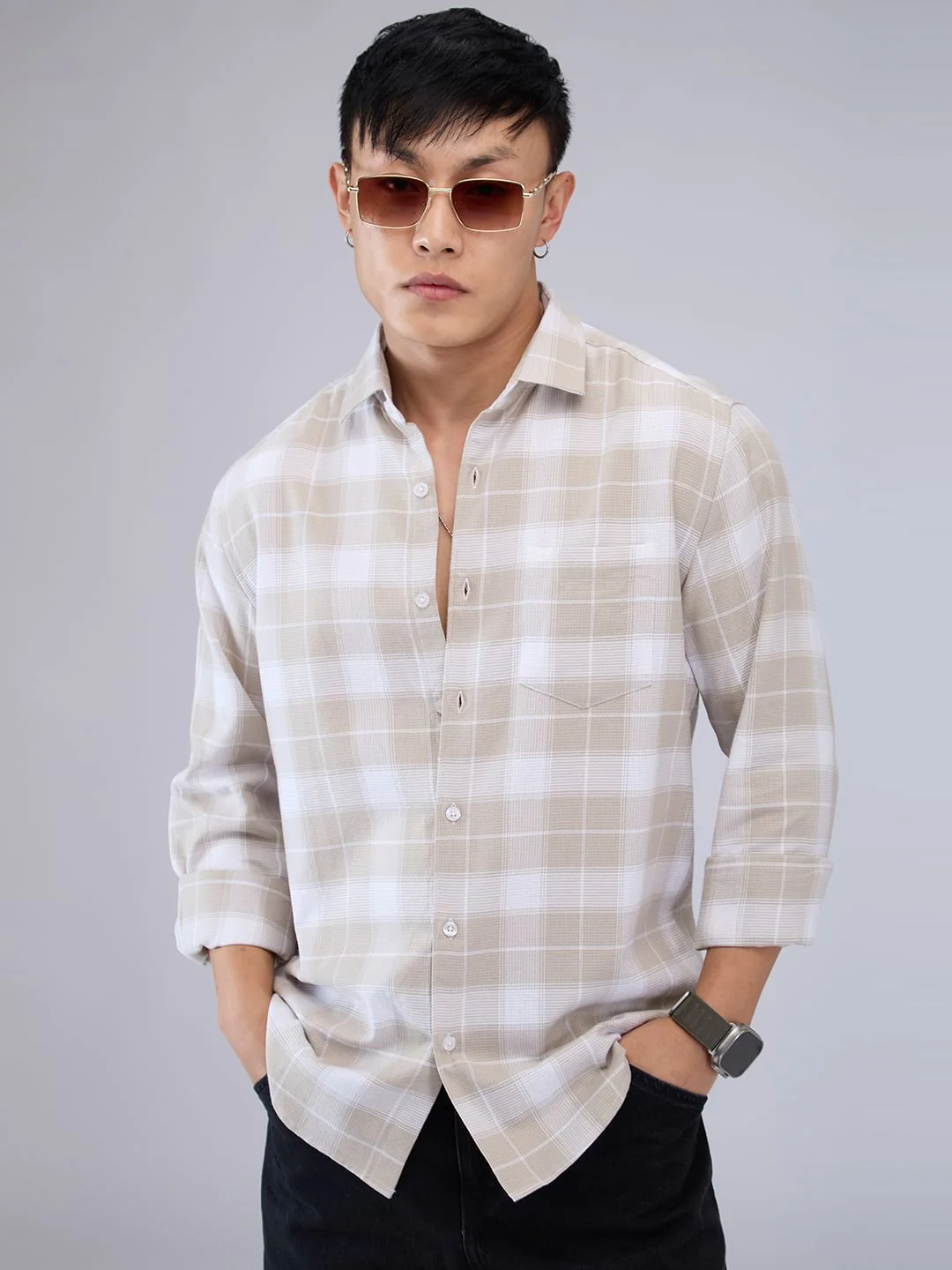 Premium Cotton Greige & White Checkered Shirt - Image 3
