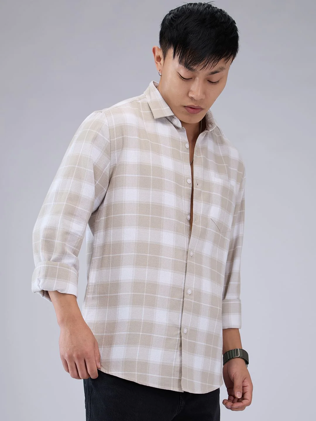 Premium Cotton Greige & White Checkered Shirt - Image 4
