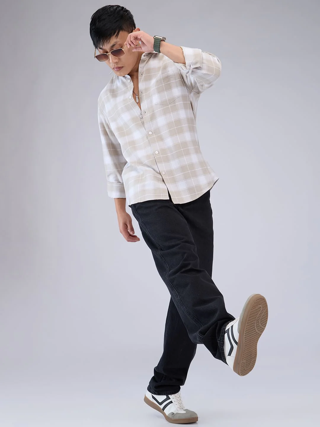 Premium Cotton Greige & White Checkered Shirt - Image 6