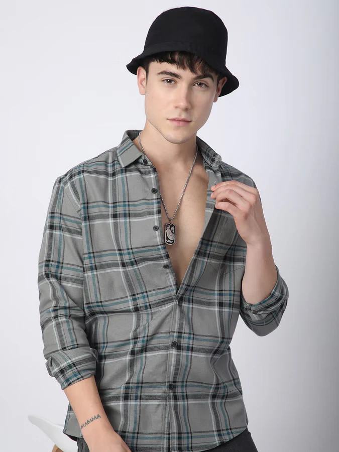 Premium Cotton Grey & Black Tartan Checks Shirt - Image 2