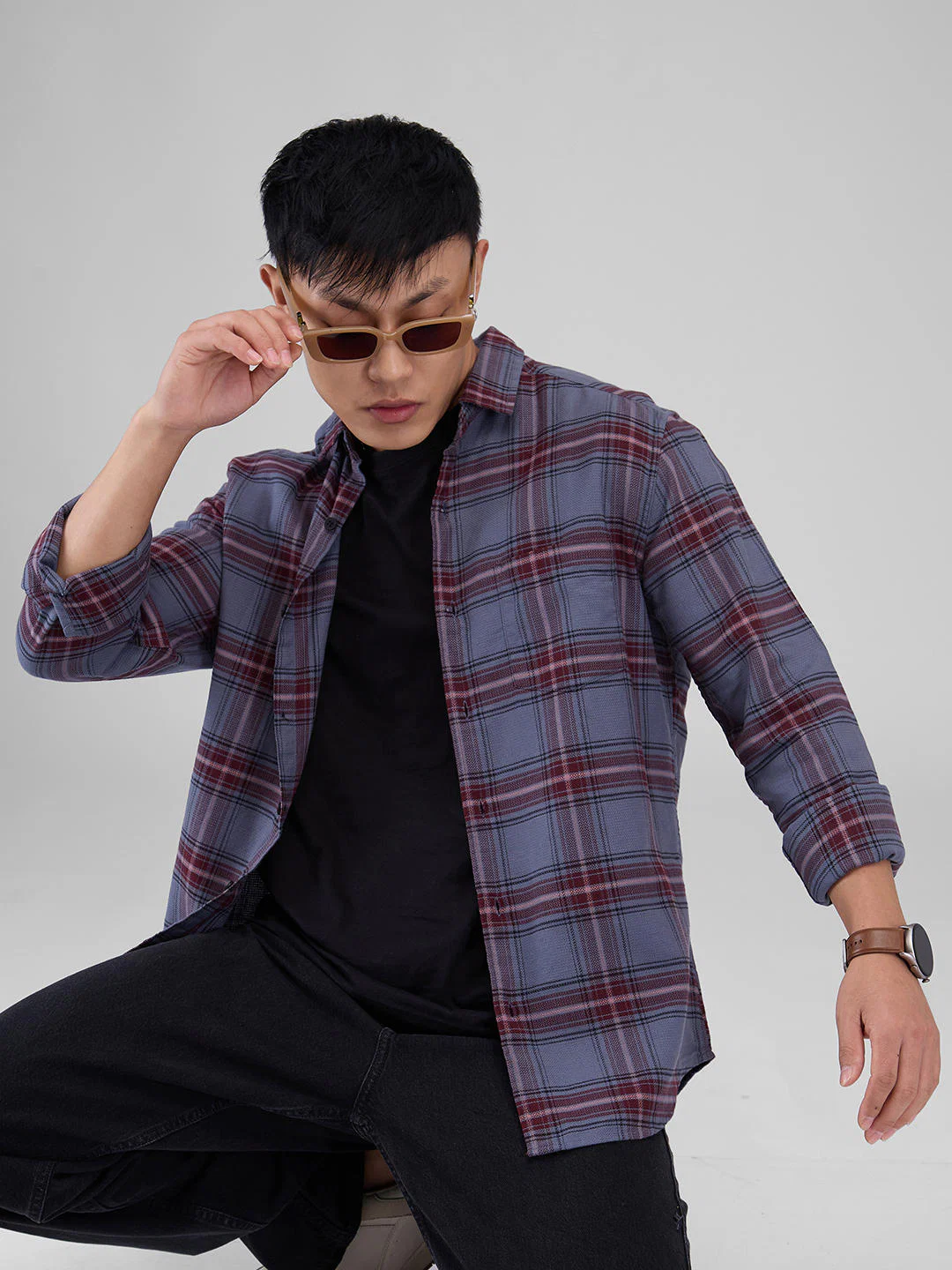 Premium Cotton Grey & Maroon Tartan Checkered Shirt - Image 2