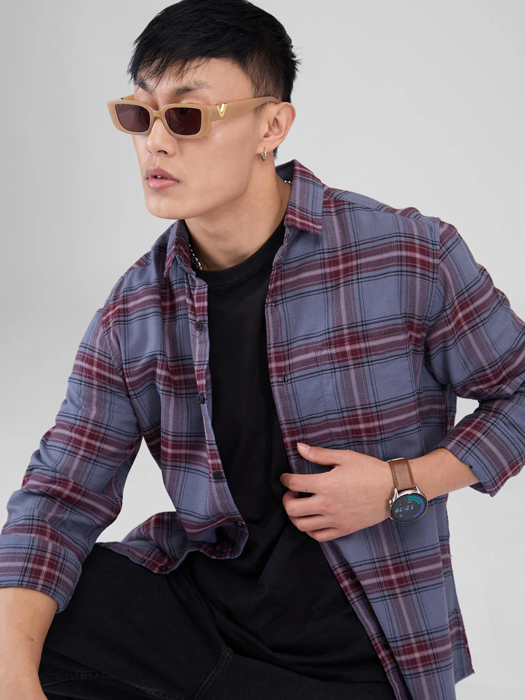 Premium Cotton Grey & Maroon Tartan Checkered Shirt - Image 4