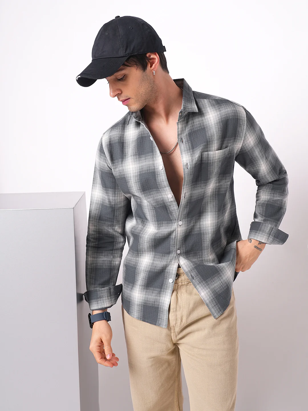 Premium Cotton Grey & White Box Checks Textured Shirt - Image 4